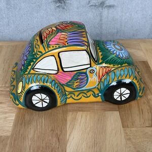 Vintage Handpainted Mexican Clay Piggy Bank Like Volkswagen Beetle Multicolor